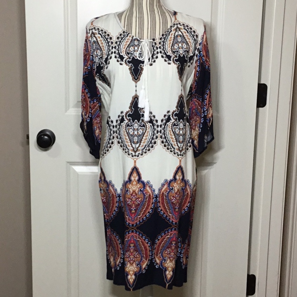 Halife Boho Summer Tunic Dress, Ecru/Navy, Large